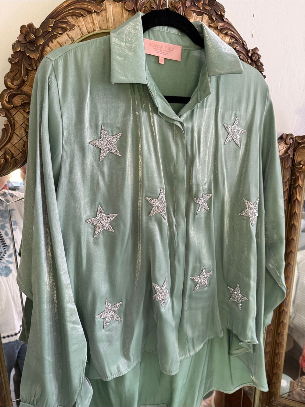 Scandal Italy Mint Green Star-Embellished Blouse